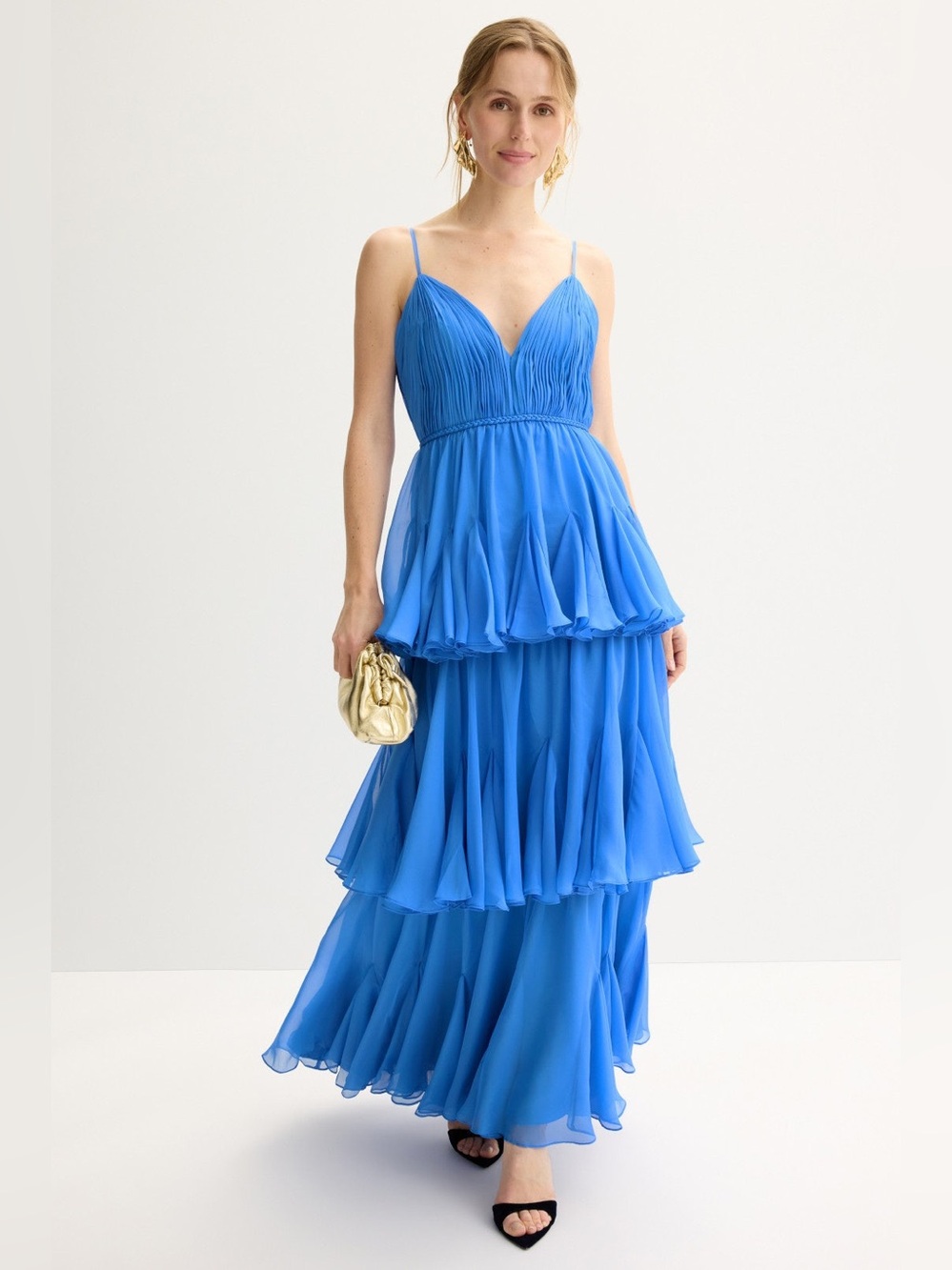 Leena for Mac Duggle Thin Strap Tiered Chiffon Gown
